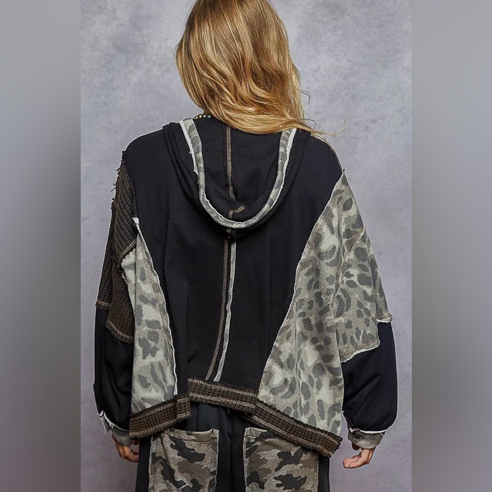 NEW Pol Oversized Full Zip Hoodie Thermal Camo Patches Mixed Media Light Jacket - Picture 3 of 5